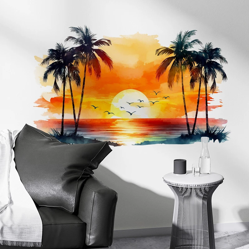 Sunset Sea View Mural, Beach Waves Coconut Trees Seabirds Vinyl Wall Stickers, Removable, for Living Room Porch Home Decoration
