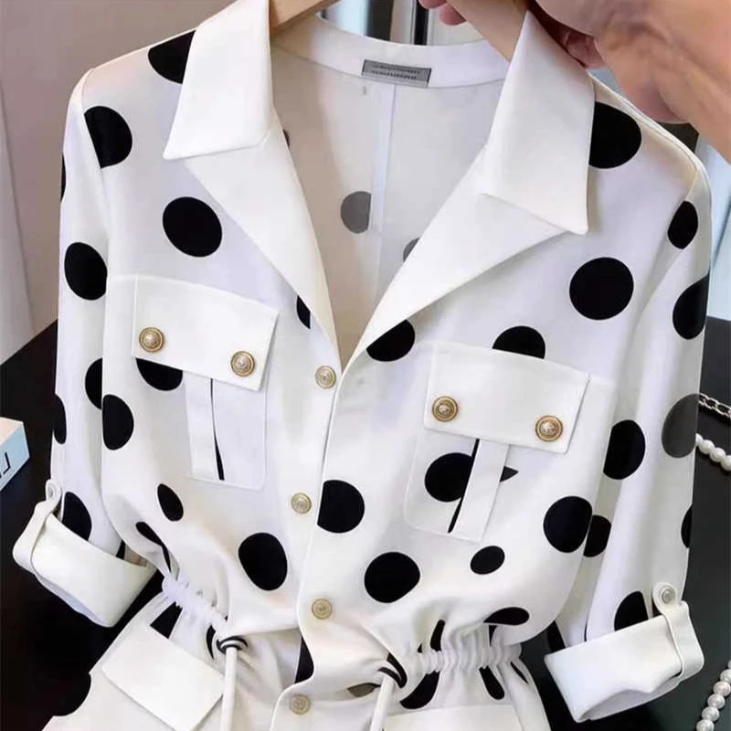 Women Shirt Blouse White Polka Dot Short Sleeved Shirt 2026 Summer New Short Sleeved Waist Cinching Lace Up Lapel Top Feminine