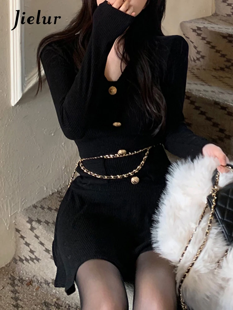 Jielur Sexy Black Knitting Female Mini Dress Chic Chain Buttons Slim V-neck Fashion Women\'s Dresses Solid Color Winter Dresses