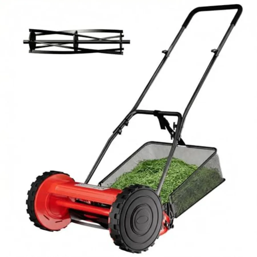 

14" Cordless Manual Reel Lawn Mower Walk-Behind Push Mower with 5-Blade Cutting System Durable Steel Frame Adjustable Cutting H