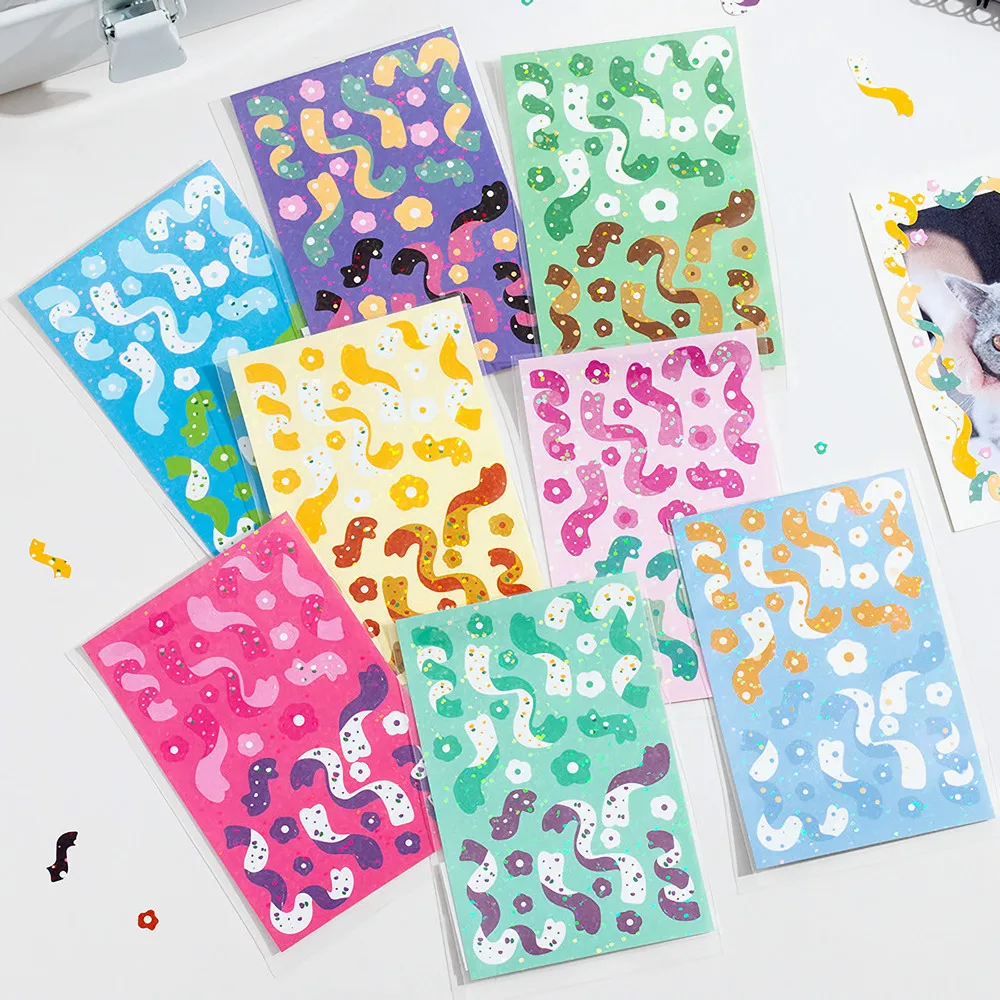 8pcs Korean Cute Ribbon Sticker Pack - Kawaii Glittery Hologram Confetti Stickers For KPOP Toploader Deco, Scrapbooking & More
