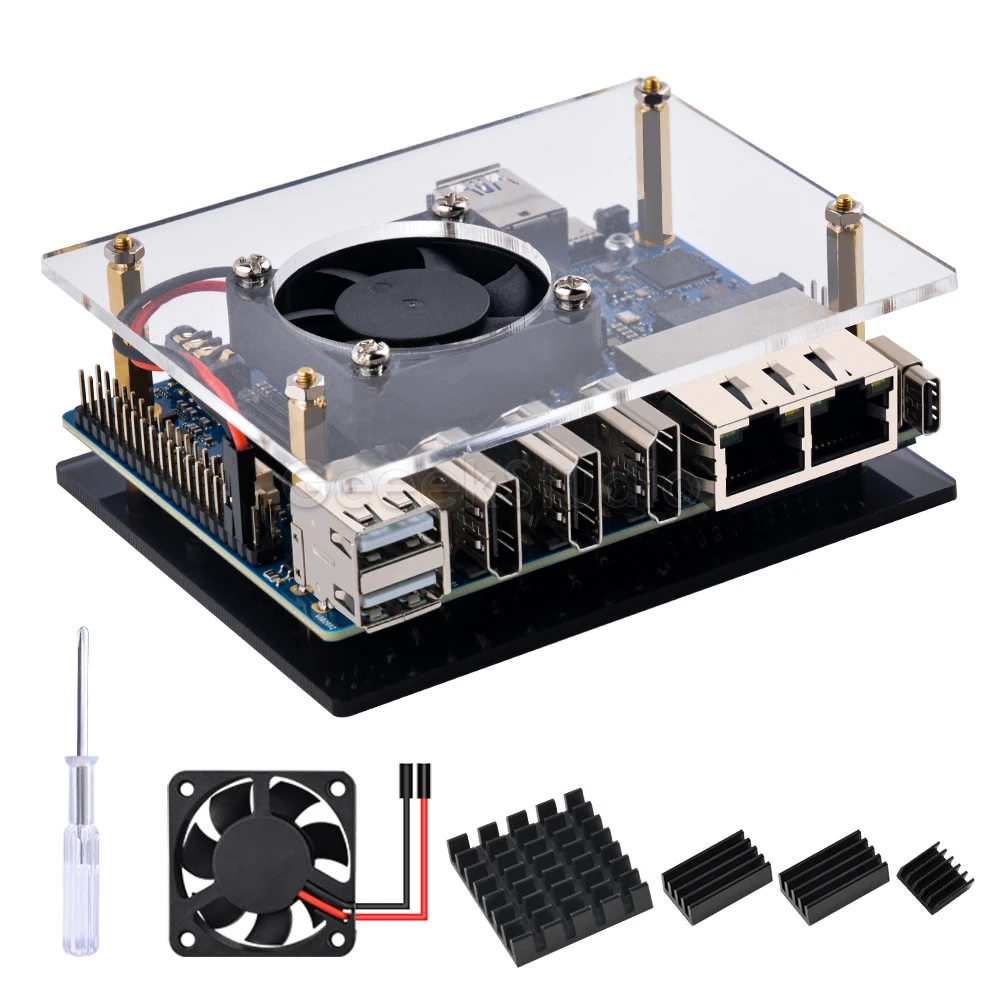 Orange Pi 5 Plus Acrylic Case Starter Kit Transparent Shell with Fan Power Supply Heatsink