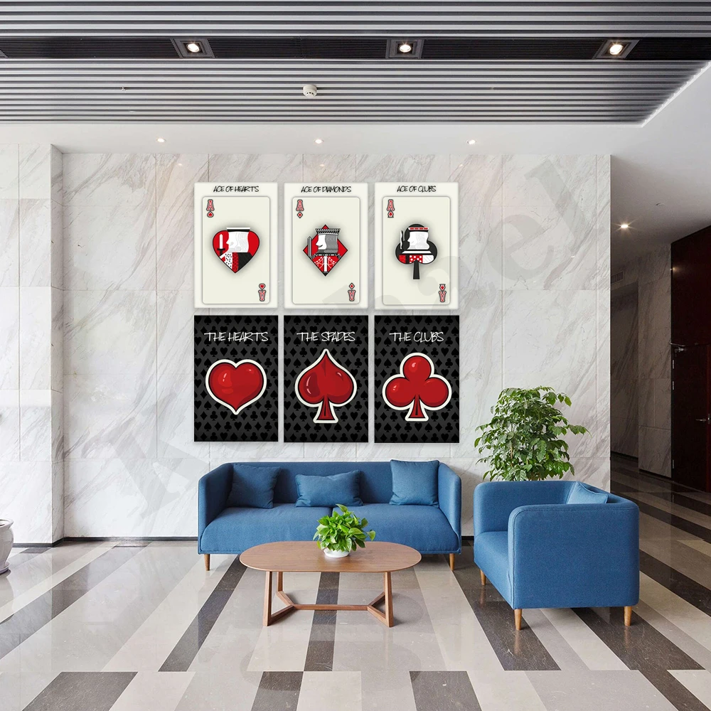 أوراق اللعب. البستوني. قلوب. الماس. الآس من النوادي. النوادي. غرفة اللعب. فن الديكور المنزلي. ملصق معرض منتصف القرن #3