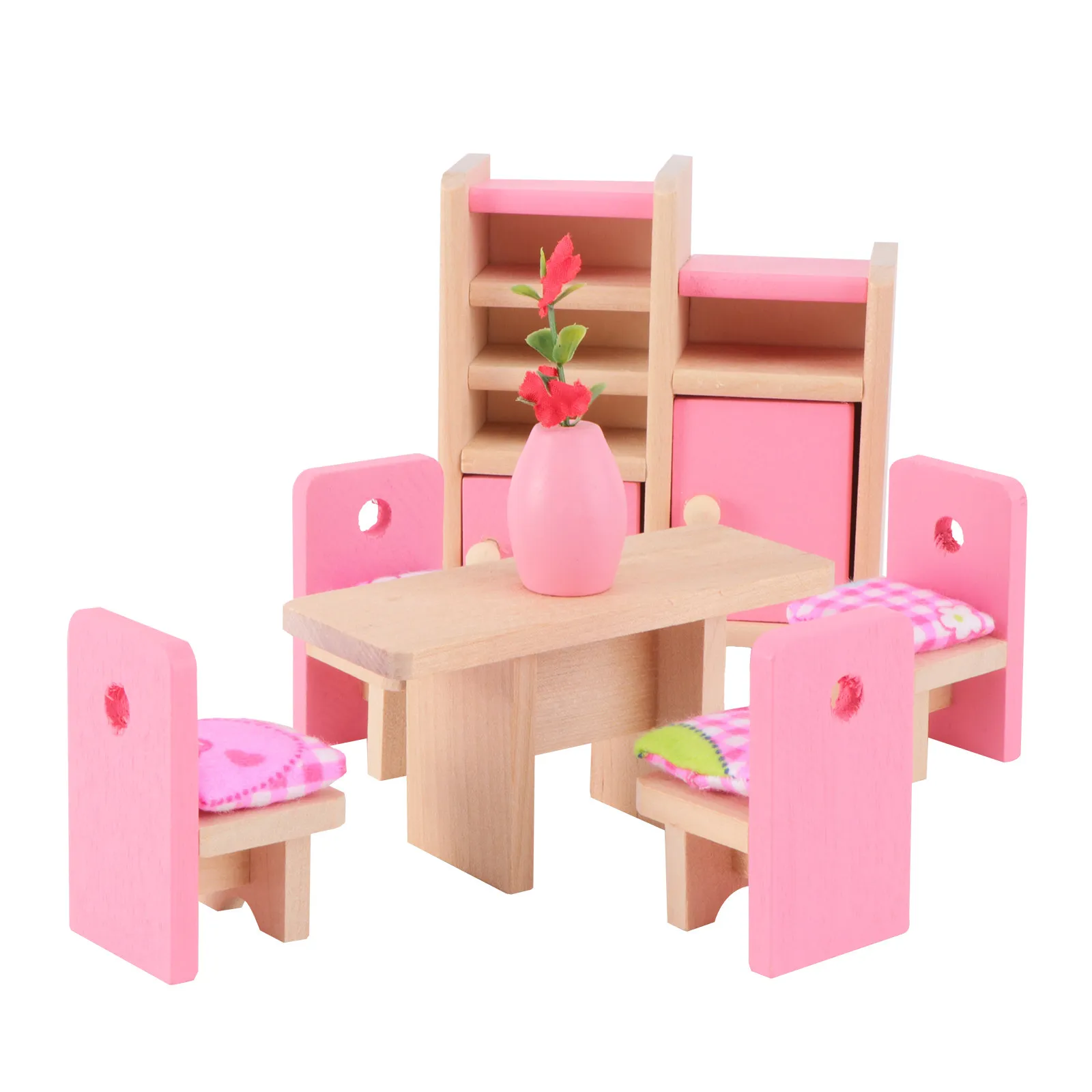 

Wooden Furniture Set for Dollhouse Dining Room Table Chair Cushioned Seats Display Unit 2 Door Cabinet Flower Vase Great