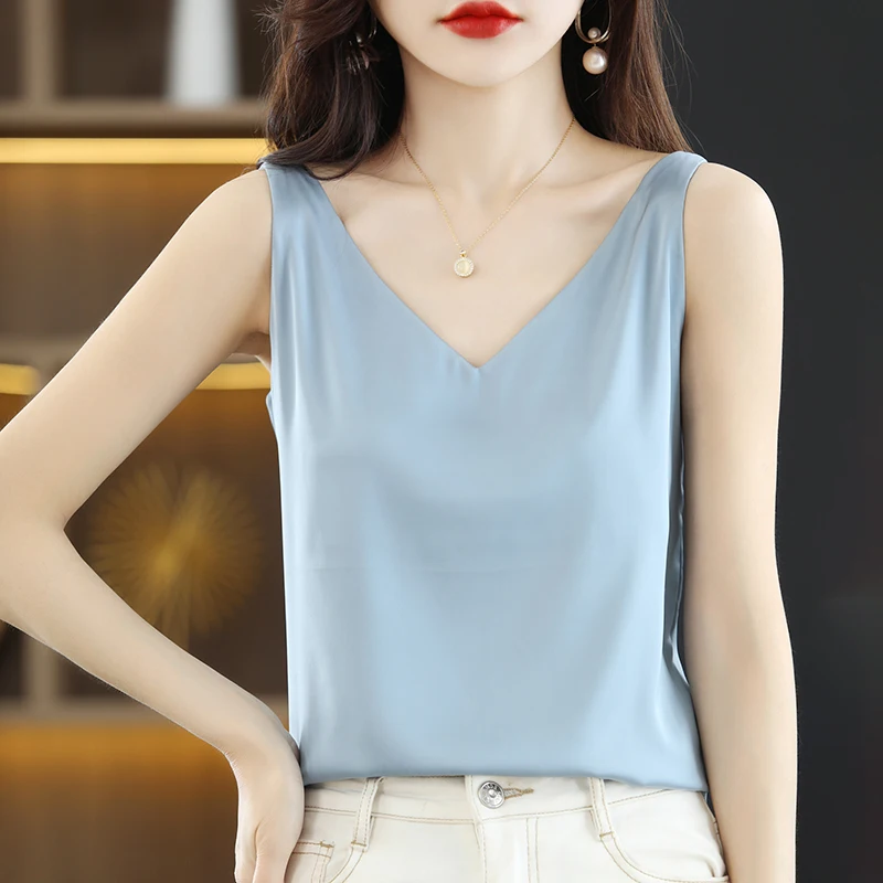 Halter Women Sexy Halter V-neck basic Solid Color Sleeveless Satin Silk Tank Top Women's Summer Tank Top RW-D09