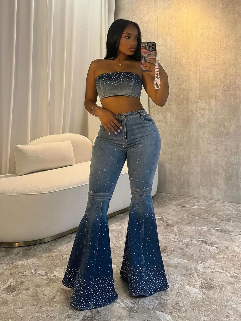 

Streetwear Denim 2 Piece Sets Women Outfit Summer Clothes Women Sleeveless Strapless Tank Camis Flare Jeans Pants Sets Tracksuit