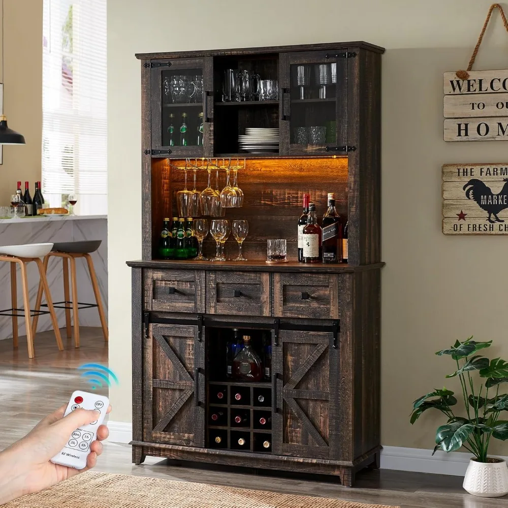 Bar Cabinet with Sliding Barn Door, 72'' Farmhouse Sideboard, Wine Glass Racks, 3 Drawers, LED Lights, Bar Cabinet