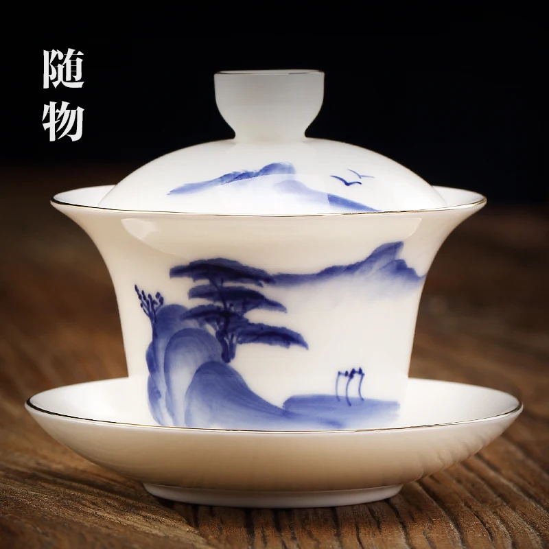 

Blue And SheepSkin Jade Covered Bowl, Tea Cup, Jingdezhen White Porcelain, Single Three TalenTs, Not Hot To Hand, CeramiC