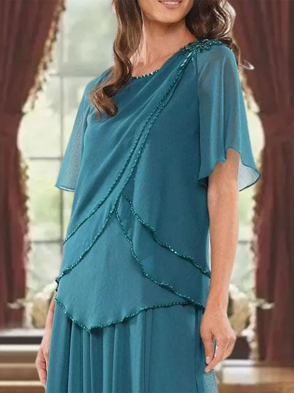 Kleid für die Brautmutter, formelle Hochzeitsgäste, elegant, mit Juwelenausschnitt, bodenlang, Chiffon, kurze Ärmel mit Perlenstickerei 2024