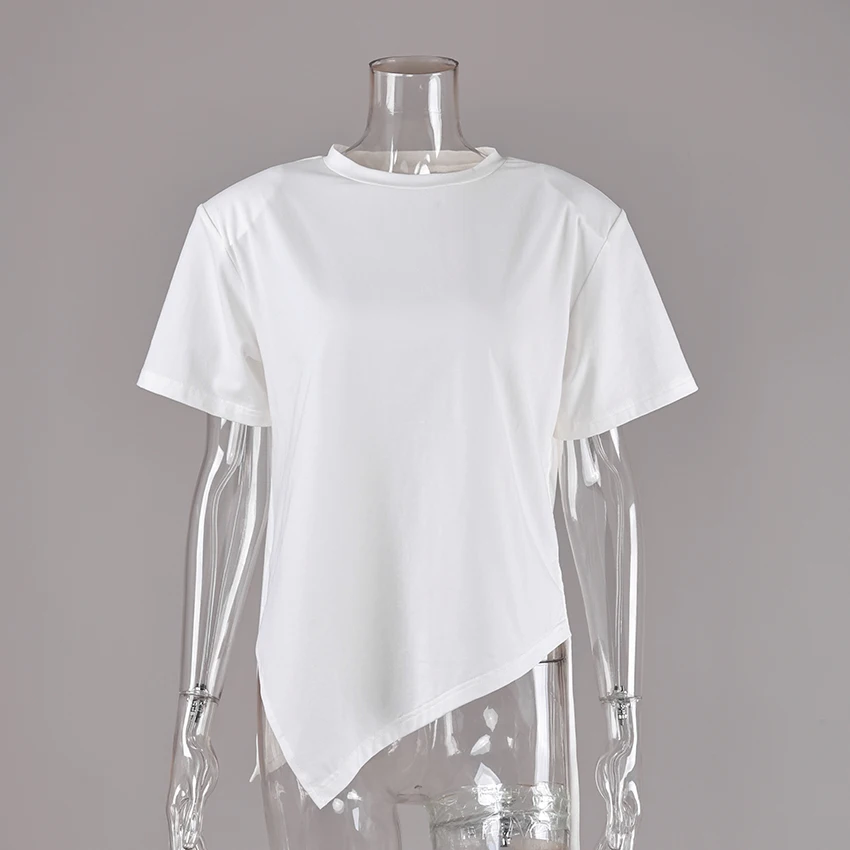 Casual White O Neck Drawstring T Shirts 2026 Summer Street Chic Knit Short Sleeve Tees Loose Irregular Sport Tops For Women