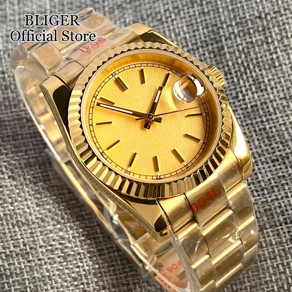 BLIGER 36mm NH35A Automatic Watch For Men Sapphire Glass Luminous Gold Hands Polished Case Steel Bracelet Yellow Dial