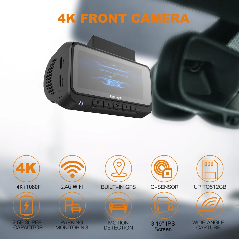 BEPOCAM 4K داش كام السيارات داشكام المدمج في واي فاي GPS 3.19 ''IPS شاشة كاميرا سيارة للرؤية الليلية DVR مسجل فيديو 24H وضع وقوف السيارات