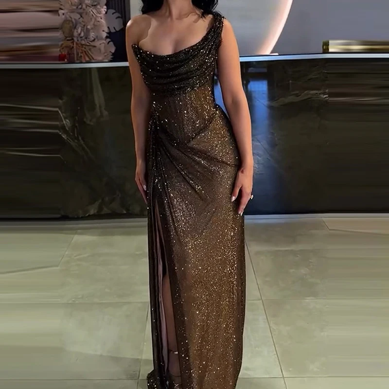 Casual Club Party Sequin Long Dress Fashion Asymmetric Slim Off Shoulder Dress Ladies Sexy Sleeveless Hollow Out Cocktail Dress
