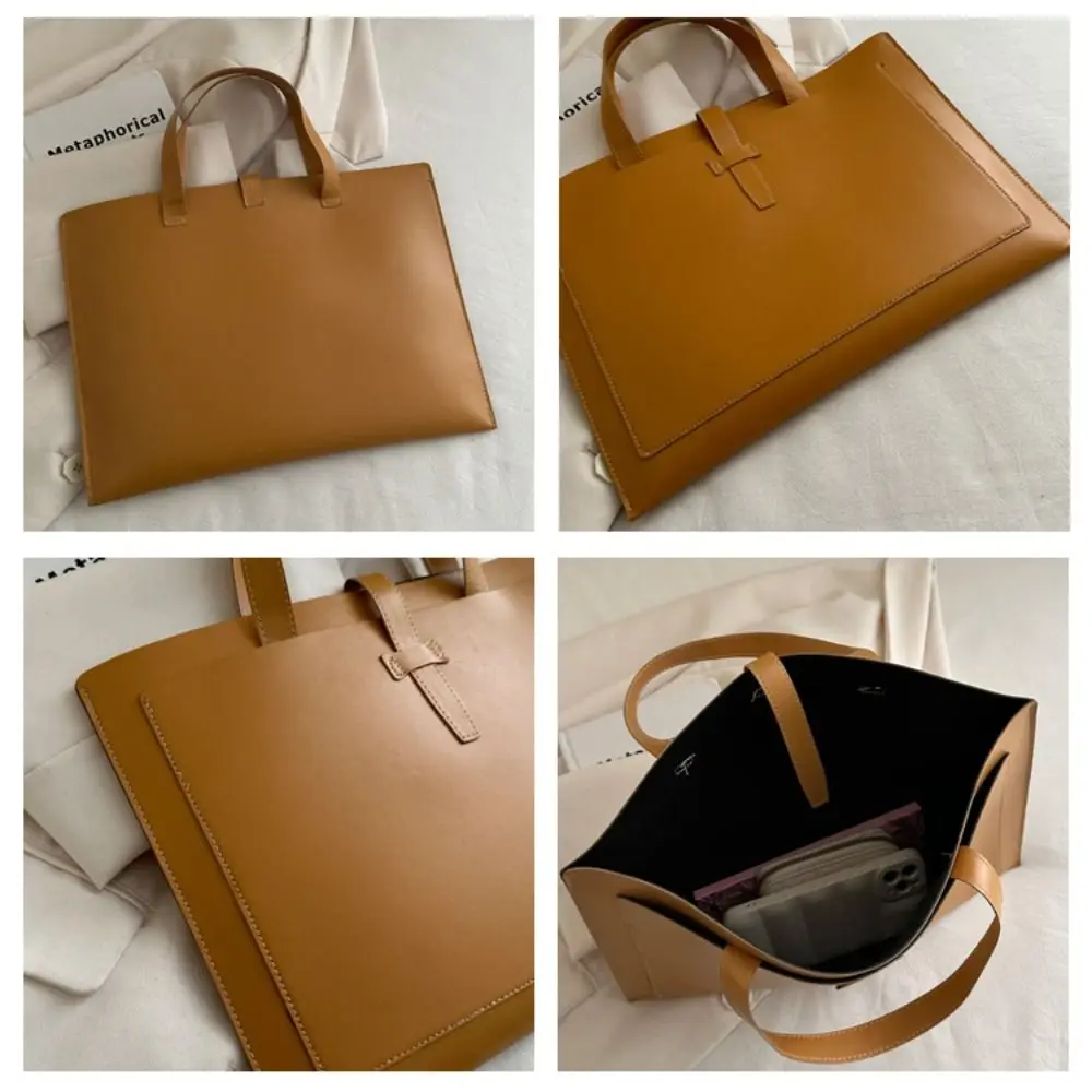 Tas Tote File Warna Solid Sederhana Tas Kantor Bisnis Tas Tangan Laptop Kasual Kulit PU Pria Wanita