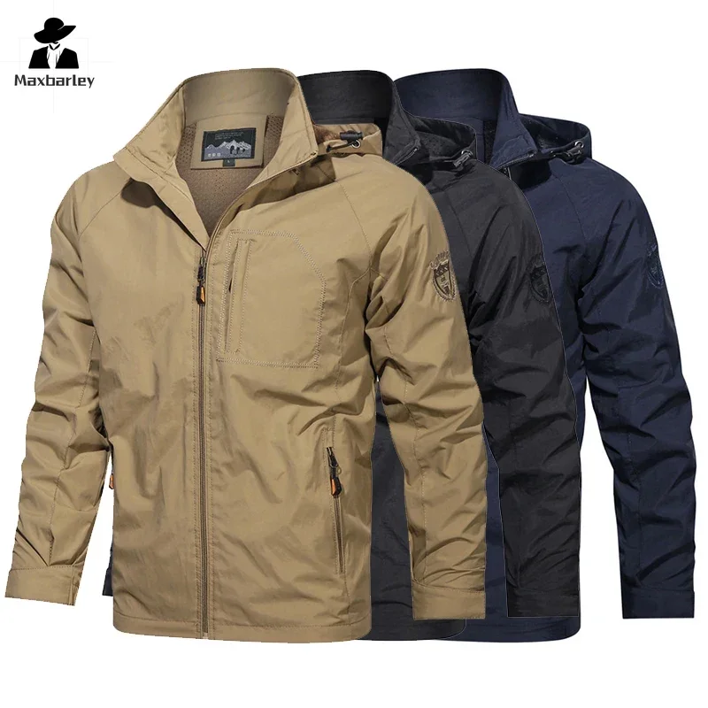 

Spring Waterproof Jacket Men's Urban Climbing Zipper Hooded Windbreaker Outdoor Work Clothes Loose Hiking Camping Cargo Jacket