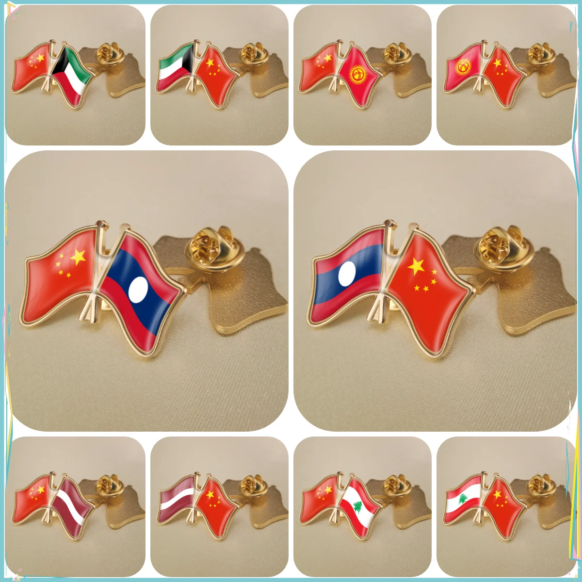 China and Kuwait Kyrgyzstan Latvia Lao People's Democratic Republic Lebanon Double Friendship Flags Lapel Pins Brooch Badges