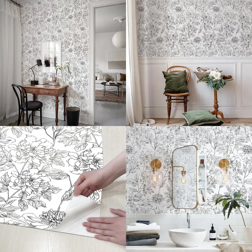 

Removable Black & White Peony Floral Wallpaper, 17.3 x 800, Sketch-Style Contact Paper