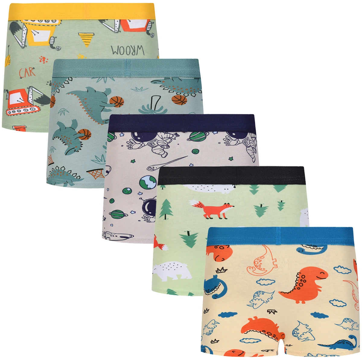 5Pcs Boys Cute Cartoon Pattern Comfortable Cotton Boxers Elastic