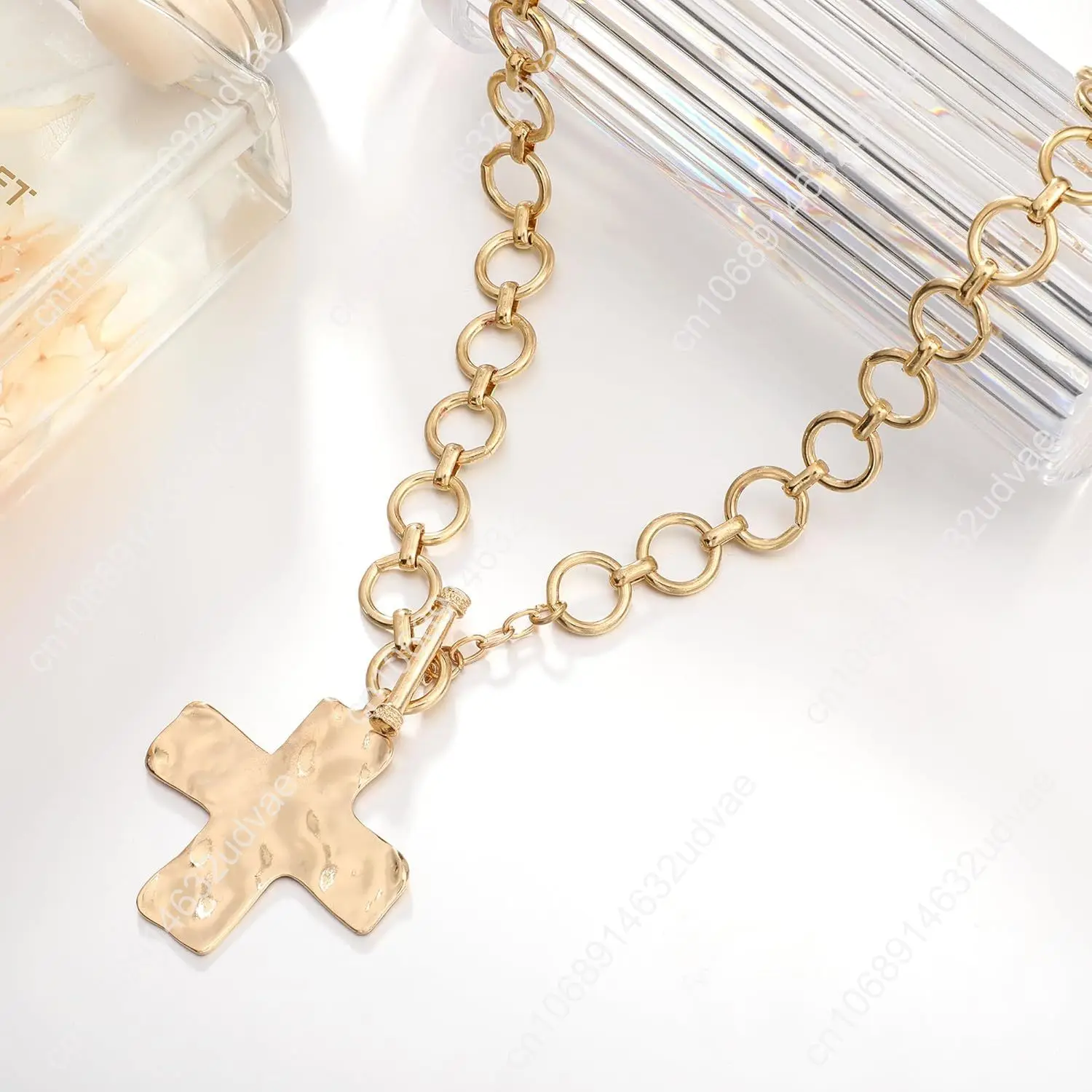 MQV Collana con croce audace martellata in oro con dichiarazione robusta, catena spessa, gioielli con ciondolo a catena vintage