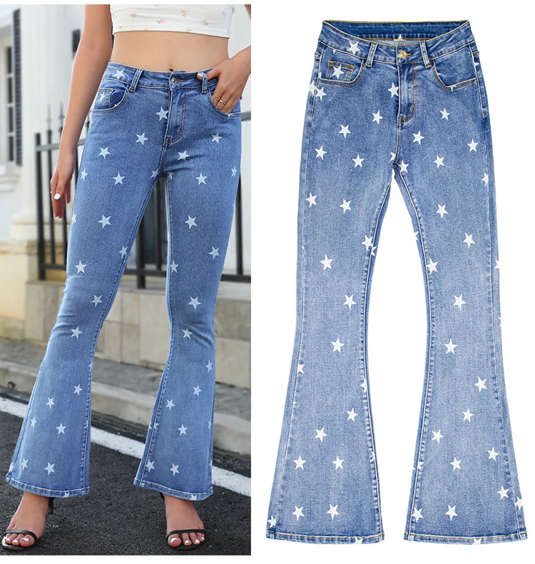 Jeans Flare Pants Women Boot Cut Streetwear Trousers Pentagram High Waist Stretch Washed Vintage Distressed Denims Floor Length