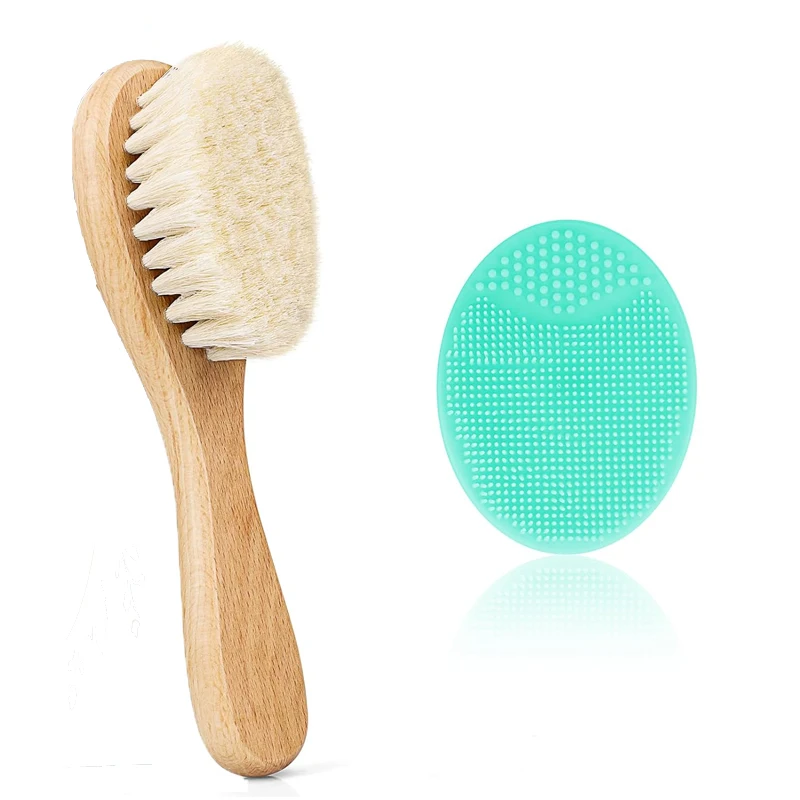 2Pcs Baby Hair Brush, Goat Bristles Brush and Green Baby Silicone Brush Set for Cradle Cap Wood Bristle Brush for Newborns