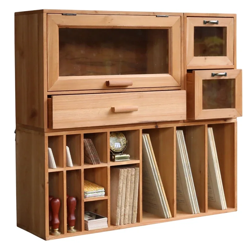 

Desk, desktop, hand account, drawer-type storage box, cup, cosmetics, retro wood dust-proof storage cabinet