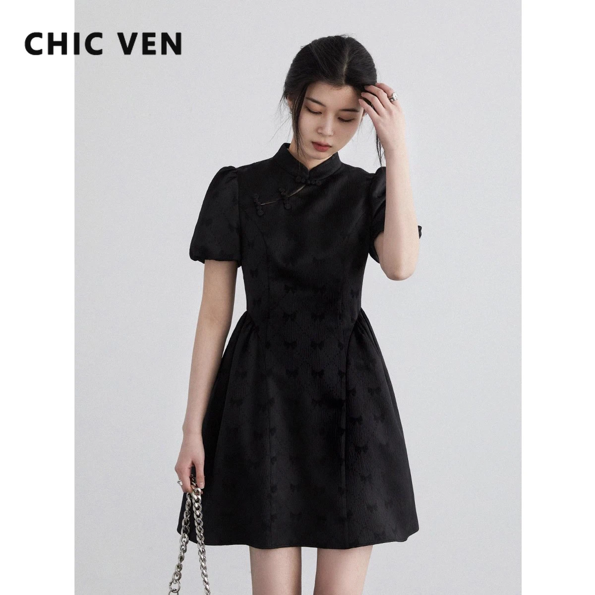 CHIC VEN Women\'s Dresses Black Slim Fit New Chinese Style Bubble Short Sleeve Cheongsam Mid Length Dress Spring Summer 2024