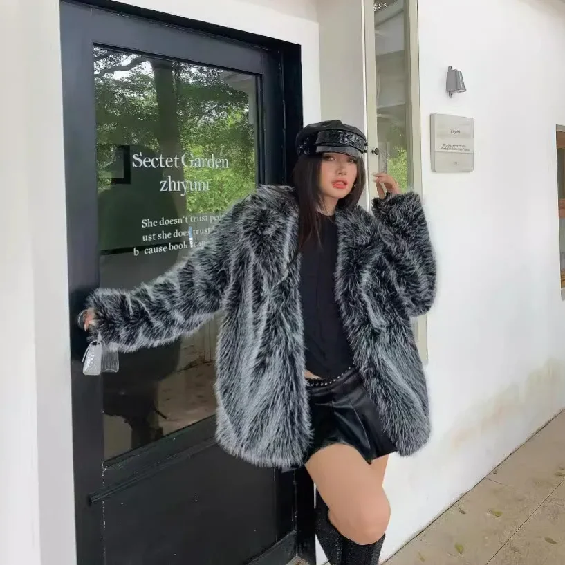 2025 abrigo de piel sintética suave y esponjoso de lujo para mujer elegante solapa gruesa abrigo de piel de zorro plateado Otoño Invierno chaqueta peluda para mujer