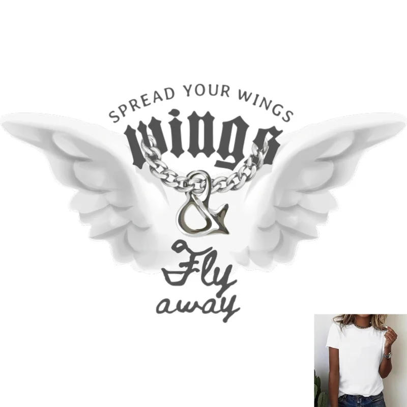Trendy Street Style Angel Wings & Chain Letter Heat Transfer White Ink Iron - on Patch, Casual Versatile Creative Print for T -