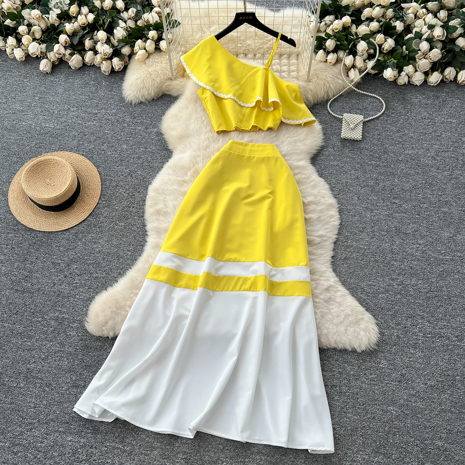 

Chic Elegant Ruched Diagonal collar ruffle Korean Fashion Fairy Sexy High Waist Vestidos Summer Vacation Two Piece Set