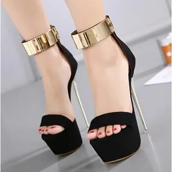 Sandali da donna Platform Summer Party Pumps Flock 16CM tacchi sottili Summer ZIP decorazione in metallo scarpe col tacco alto matrimonio