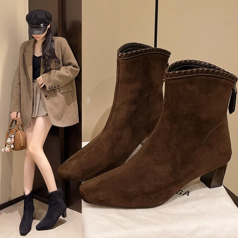 

Best Selling Simple Suede Women High Heels Ankle Boots Fashion Heeled boot New Trend 2025 Winter Casual Woman Short Boot
