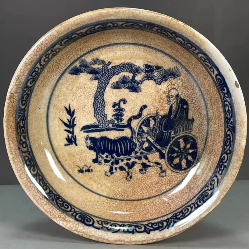 Chinese Blue and White Crackle Porcelain Plate Guiguzi Down Mountain Pattern Ceramic Dish Home Decor Vintage Decorative Dish