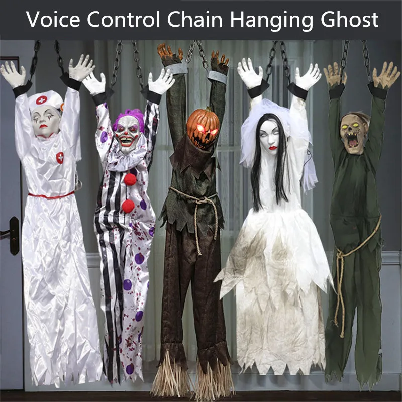 Electric Halloween Hanging Ghost Clown Nurse Bride Voice Control Chain Hanger Horror Props Haunted House Halloween Decorations