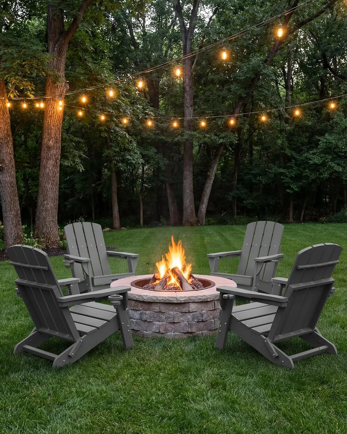 Folding Adirondack Chair, HDPE Adirondack Chairs with 2 Cup Holder, Plastic All-Weather Fire Pit Chairs, Outdoor Lawn Chair
