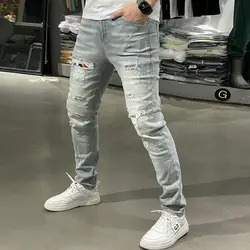Designer Boyfriend Jeans for Men Vintage Patched Ripped Holes 90s Trendy Style Skinny Blue Distressed Washed Denim Pants Male