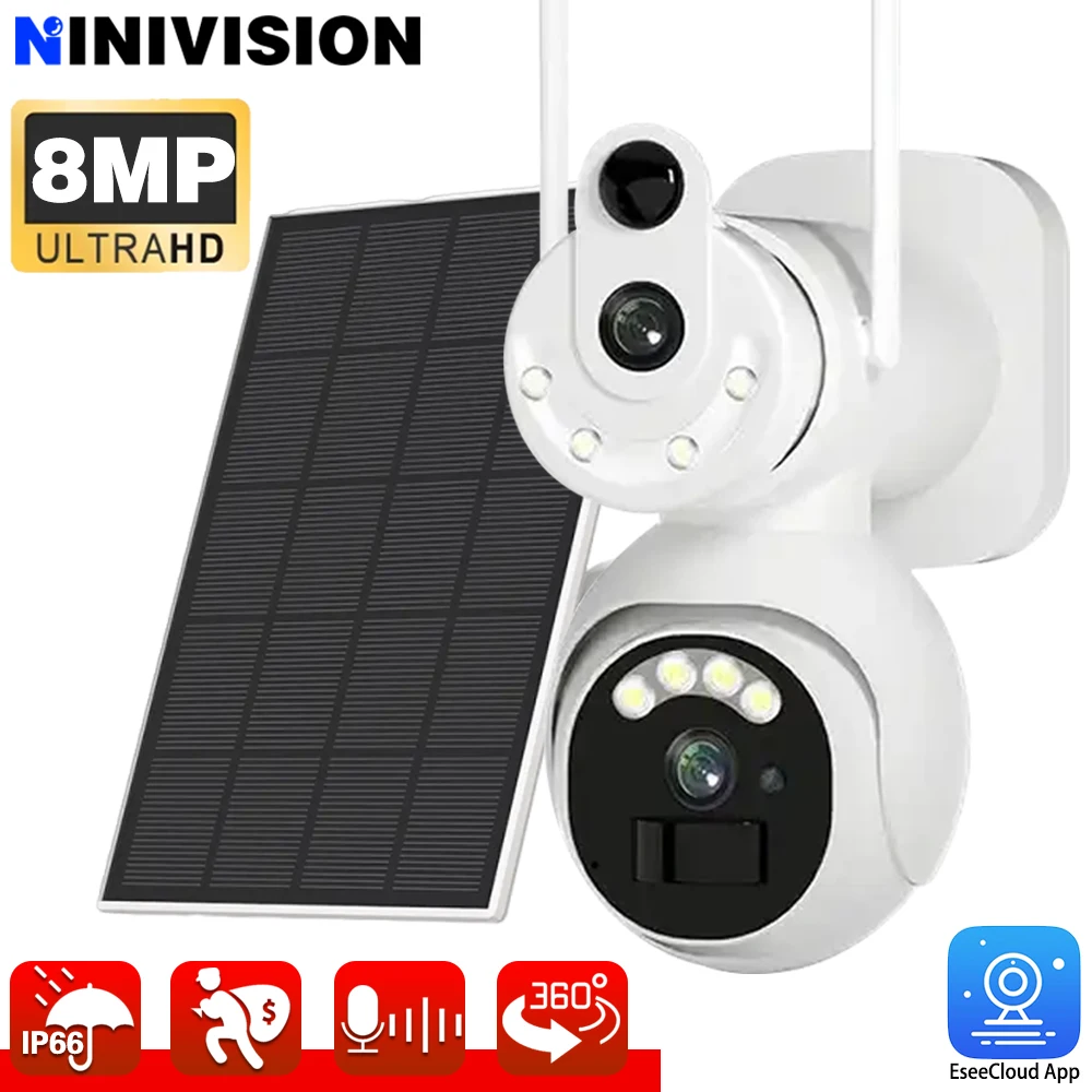 

4K 8MP Solar WIFI IP Camera CCTV Two Lens Two Screen Auto Tracking Built-In Battery Outdoor Security Surveillance PTZ Camera