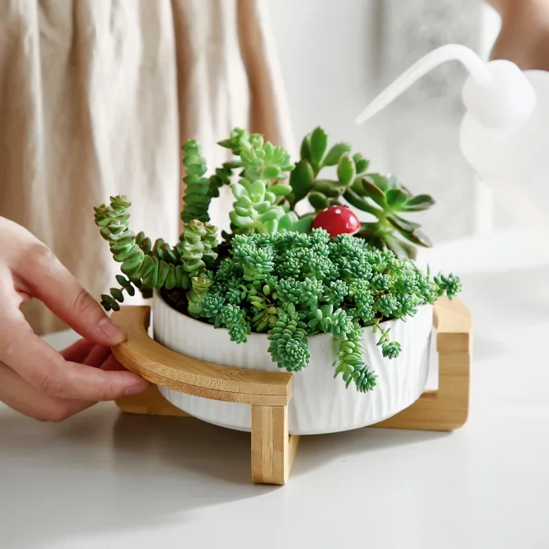 Nordic Ceramic Succulent Plant Pot, Modern Minimalist Creative Wooden Frame Hydroponic Plant Small Flowerpot, 1Pc