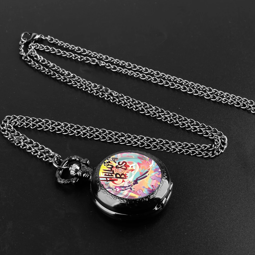 Hot Cartoon Helluva Boss Glass Dome Pocket Watch with Chain Necklace Vintage Quartz Pendant Watches Mens Women Gifts for Kids