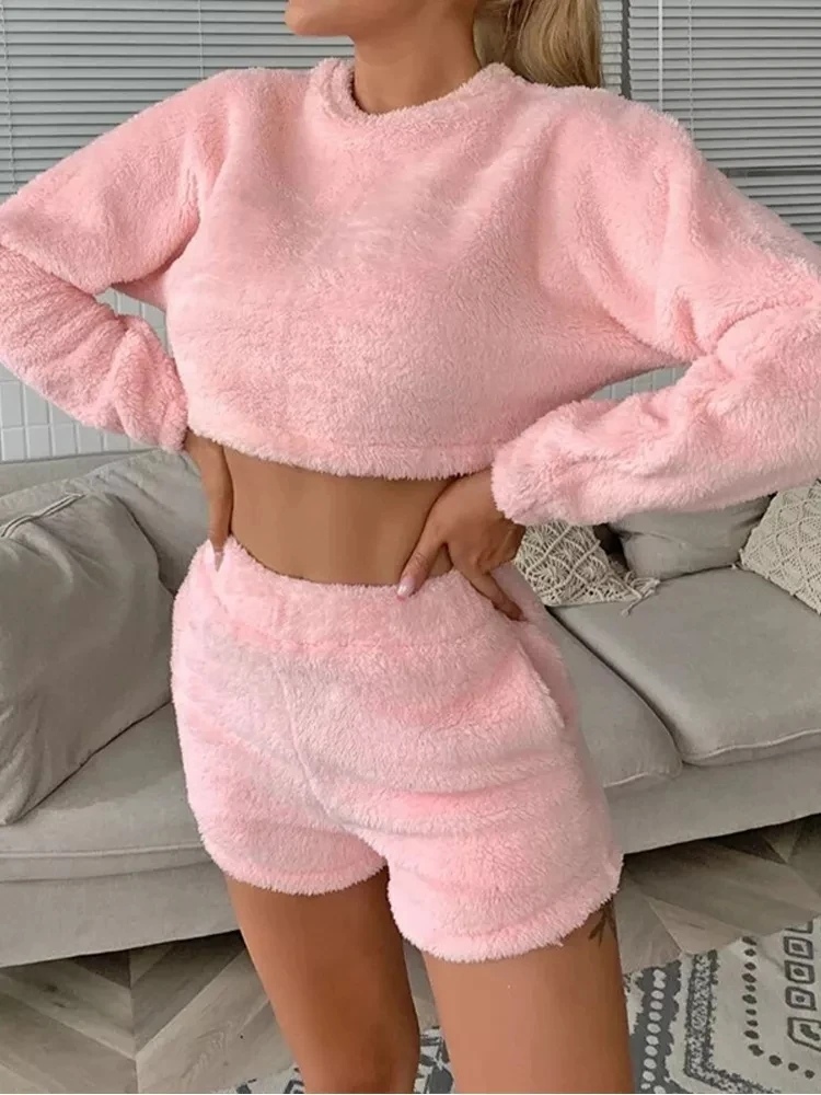 Casual Pink Ladies Comfort odzież domowa pluszowy garnitur wokół szyi bluzy z długim rękawem krótki Top + spodenki dres 2 sztuk kobiet ubrania