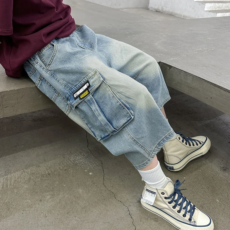 New Summer Kids Loose Straight Jeans Capris Pants for Teenage Boys Casual Mid-Calf Denim Shorts with Pocket for Tweens Child
