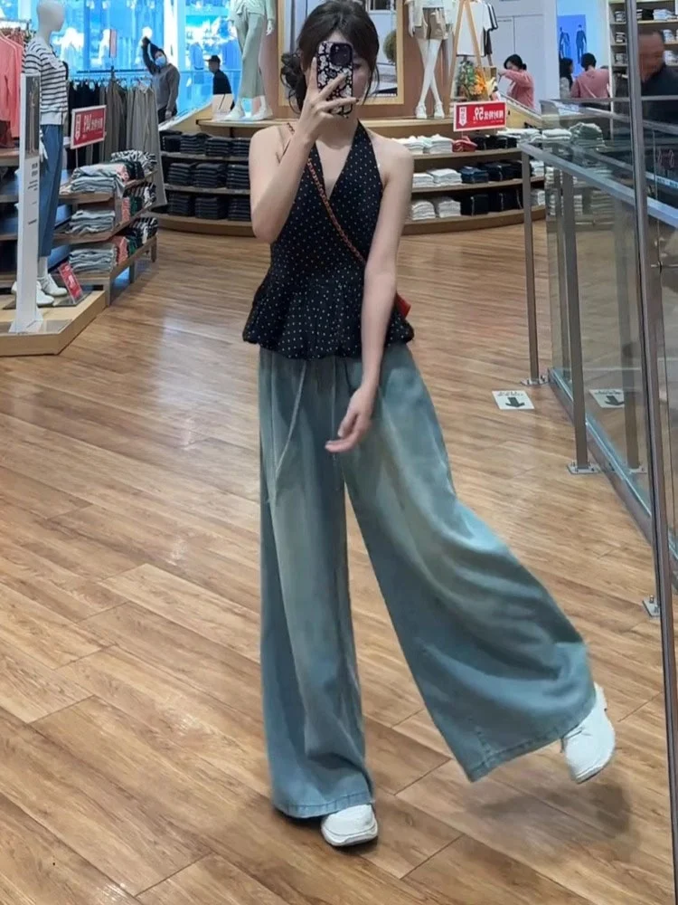 plus Size Silk Wide Leg Jeans Women's Thin Autumn New Fat MM Drapey Hip Conceal Slimming Ice Silk Floor-Length Pants