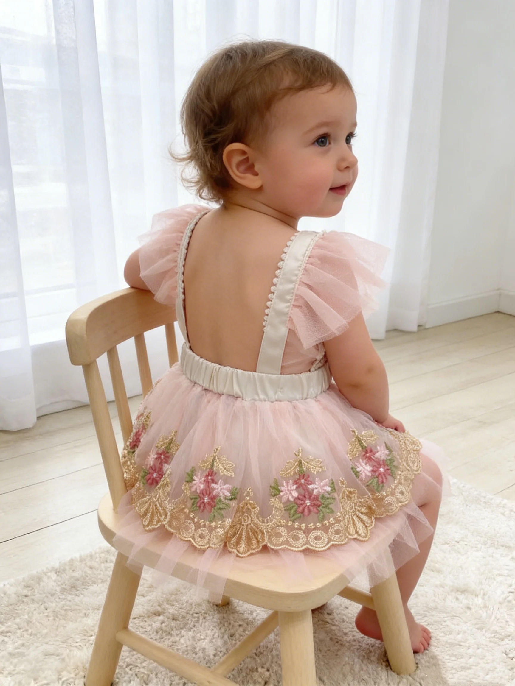 Summer Mesh Lace Embroidered Pearl Flying Sleeve Jumpsuit For Baby Girls, One Hundred Day Birthday Party Climbing Suit