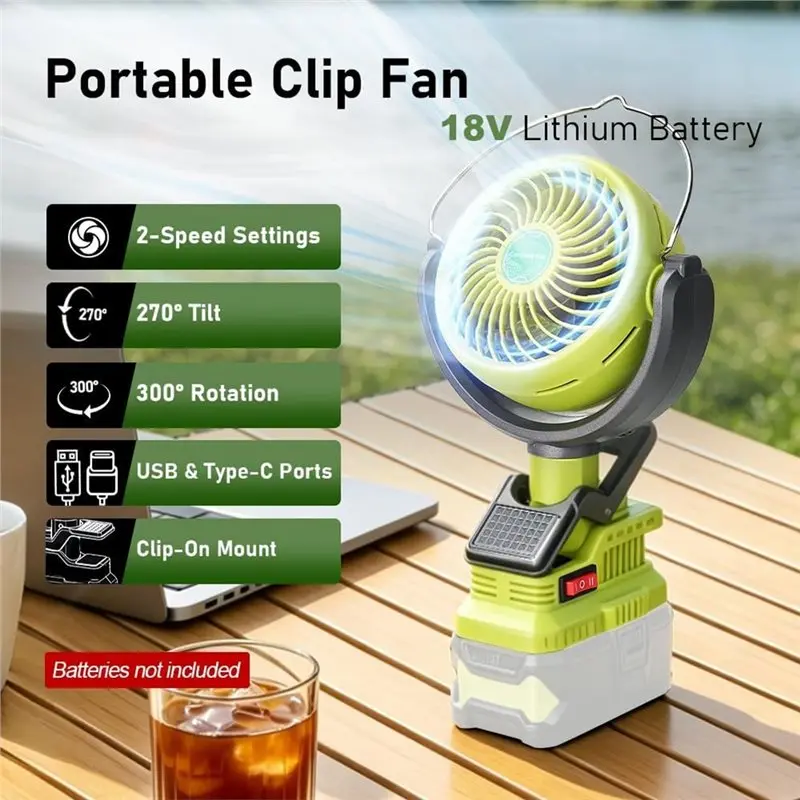 A005-Cooling Fan For Ryobi 18V Battery For Car Home Camping Outdoor Portable Cordless Clip Fan Dual USB Power Supply