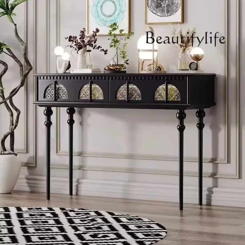 Q S French Style Solid Wood High Leg Entrance Cabinet European Retro Table American Simple Console Hall Cabinet