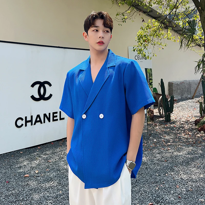 

Летний мужской синий костюм Klein Blue, приталенный крой, двубортный, с эффектом премиум-класса, модный повседневный стиль