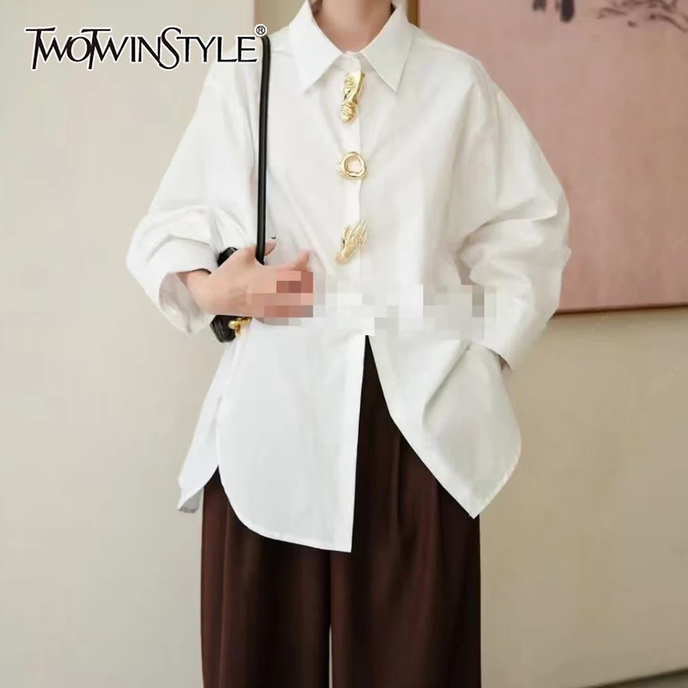 

TWOTWINSTYLE, однотонная шикарная рубашка на пуговицах, женская свободная рубашка с лацканами и длинными рукавами, винтажные литературные женские рубашки, осенняя мода, новинка