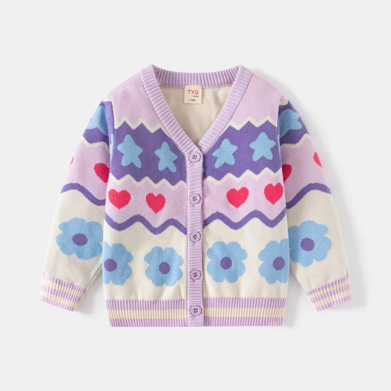 Korean Children Coat Girl Jacket Rainbow Striped Knit Cardigan Sweater Autumn Winter Stars Love Kid Flower Fashion Outerwear