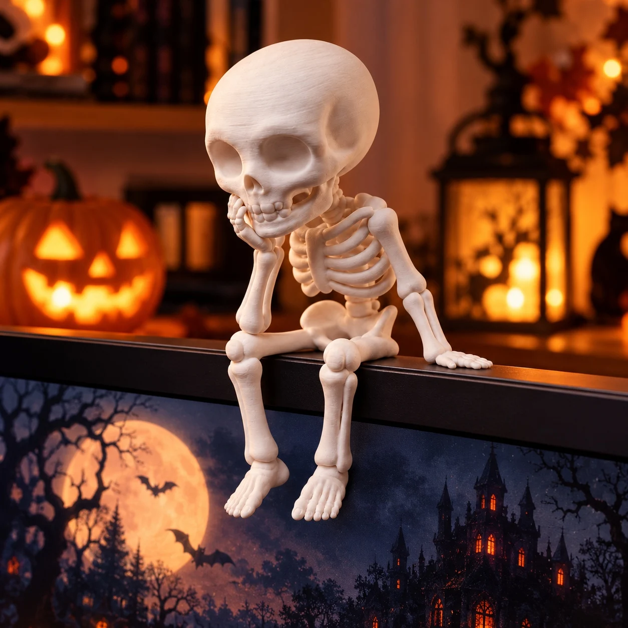 Thinking Skeleton Figurine, Cute Halloween Shelf Sitter Computer Monitor Decor, 3D Printed Christmas Gifts for Friends