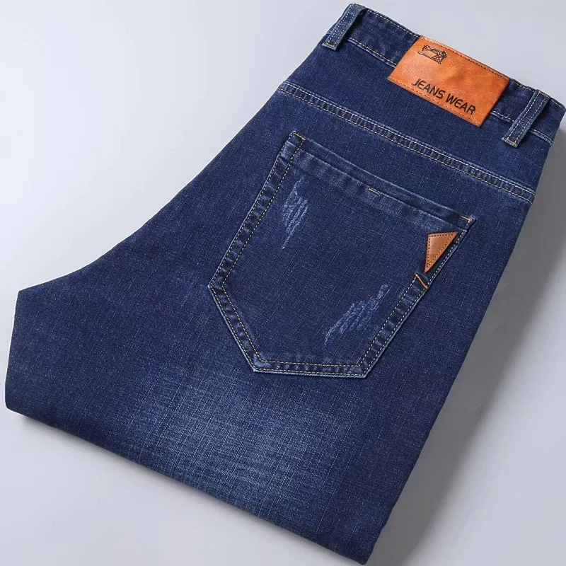 Automne classique hommes ajusté Stretch jean affaires décontracté coton Denim jambe droite pantalon mâle noir bleu pantalon